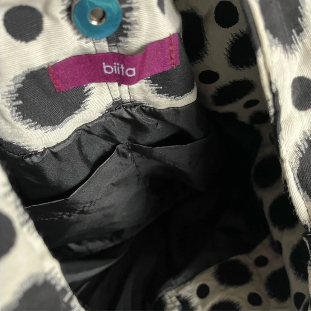 Biita Hobo shoulder bag in polka dot black and cream fabric purse - Picture 3 of 5